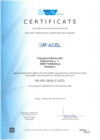 A white page has a blue gradient strip down its left edge and the word “CERTIFICATE” centered near the top. A blue logo and several centered lines of text appear above a small group of fields and signature marks. A compact dark square mark sits at the lower left, with fine-print footer text along the bottom.