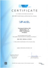A white page has a blue gradient strip down its left edge and the word “CERTIFICATE” centered near the top. A blue logo and several centered lines of text appear above a small group of fields and signature marks. A compact dark square mark sits at the lower left, with fine-print footer text along the bottom.