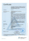 A pale blue certificate page has the word “Certificate” at the upper left and a bold title below a thin rule. More tightly packed labeled lines fill much of the central page over a faint triangular background graphic. A blue triangular seal appears at the lower right, with small footer marks along the bottom.