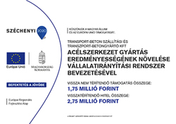 A white Hungarian grant notice shows Széchenyi 2020, EU, and Hungarian government marks on the left. The bold project text on the right refers to production equipment, automation, and energy-saving systems. Blue text lists amounts of 1.75 million forints and 2.75 million forints.