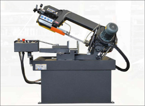 A dark gray industrial saw is shown against a white background. Its angled arm carries a blade guide and a blue motor at the right end. A looped black hose connects to the machine. A compact control box with colored buttons stands on the left.