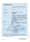 A pale blue certificate page has the word “Certificate” at the upper left and a bold title line beneath a thin rule. Short labels form a column on the left, with denser text lines across the middle and right over a faint triangular background graphic. A blue triangular seal sits near the lower right above the footer.