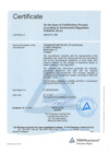 A pale blue certificate page has the word “Certificate” at the upper left and a centered title line below it. Several labeled lines fill the upper and middle areas, with a faint oversized triangle behind the text and a blue triangular seal at the lower right. A narrow footer with small marks runs along the bottom.