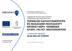 A white Hungarian grant announcement has Széchenyi 2020, EU, and Hungarian government marks arranged along its left side. The right side contains bold Hungarian project text about expanding production capacity and producing higher-value products. A blue line near the bottom states a support amount of 28.09 million forints.