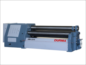 A gray machine with three large horizontal rollers is isolated on white. A control housing sits to the left of the rollers, while a rounded drive end is visible at the right. Red DURMA lettering appears on the front panel.
