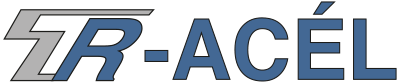 A white and blue logo spells “TR-ACÉL” on a black rectangular background. The gray emblem at left combines angular letterforms with a long underline. The lettering is large, italicized, and uppercase.